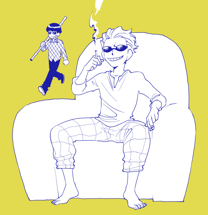 2boys aged_down bamboo barefoot black_hair black_pants blonde_hair checkered_clothes checkered_shirt cigarette couch donquixote_doflamingo grin highres holding holding_cigarette multiple_boys on_couch one_piece pants prepbon shirt short_hair sketch smile smoking sunglasses vergo_(one_piece) walking white_shirt yellow_background