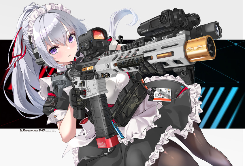 1girl apron ar-15 assault_rifle black_gloves black_pantyhose breasts chest_rig closed_mouth dutch_angle fatkewell flashlight foregrip frills gloves gun hair_between_eyes hair_ribbon headset highres holding holding_gun holding_weapon id_card laser_sight long_hair looking_at_viewer magazine_(weapon) maid maid_headdress muzzle_device optical_sight original pantyhose purple_eyes red_ribbon ribbon rifle short_sleeves solo tactical_maid two-tone_background unconventional_maid weapon white_apron white_background white_hair