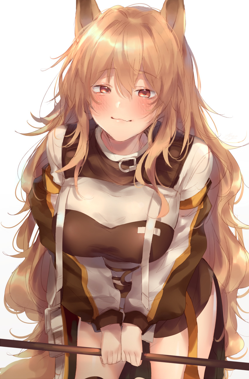 1girl absurdres allze animal_ears arknights blush breasts brown_eyes ceobe_(arknights) commentary_request cowboy_shot highres leaning_forward light_brown_hair long_hair long_sleeves looking_at_viewer medium_breasts simple_background smile solo standing thighs very_long_hair white_background