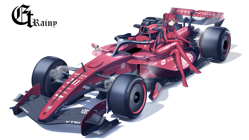 1girl absurdres blue_eyes car crossed_legs et_rainy formal_clothes formula_one full_body highres linkin_park long_hair motor_vehicle original ponytail race_queen race_vehicle racecar red_car red_hair red_suit shadow sidelocks signature simple_background sitting solo steam suit white_background xiaomi