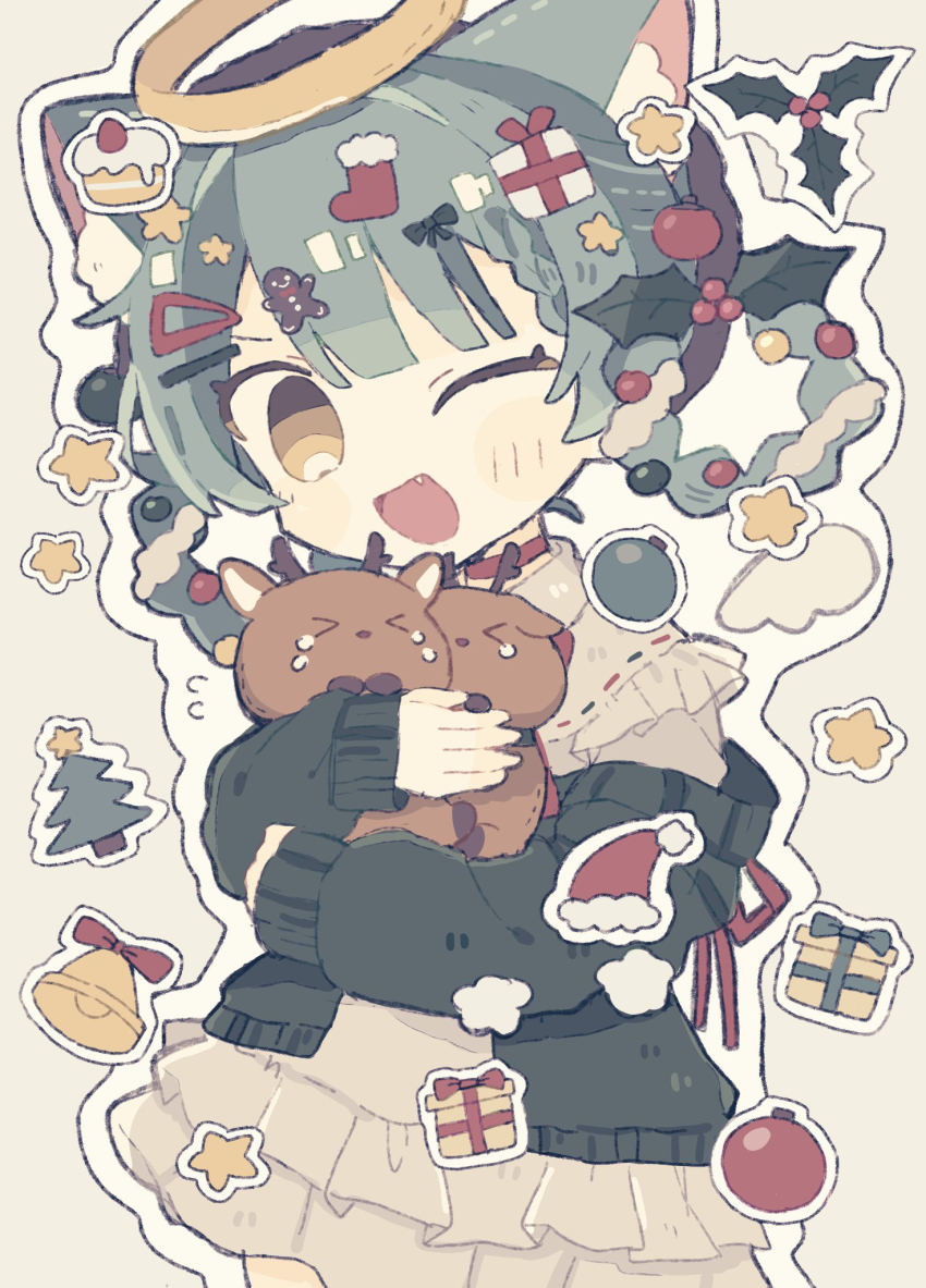&gt;_&lt; 1girl animal_ears black_coat blunt_bangs blush braid cat_ears cat_girl christmas christmas_ornaments christmas_tree_hair_ornament coat deer dress fang flower frilled_dress frills gift gift_hair_ornament hair_ornament halo hat highres kanamochi_kanato long_hair looking_at_viewer one_eye_closed open_mouth original poinsettia santa_hat sidelocks simple_background smile solo star_(symbol) stuffed_toy twin_braids yellow_halo