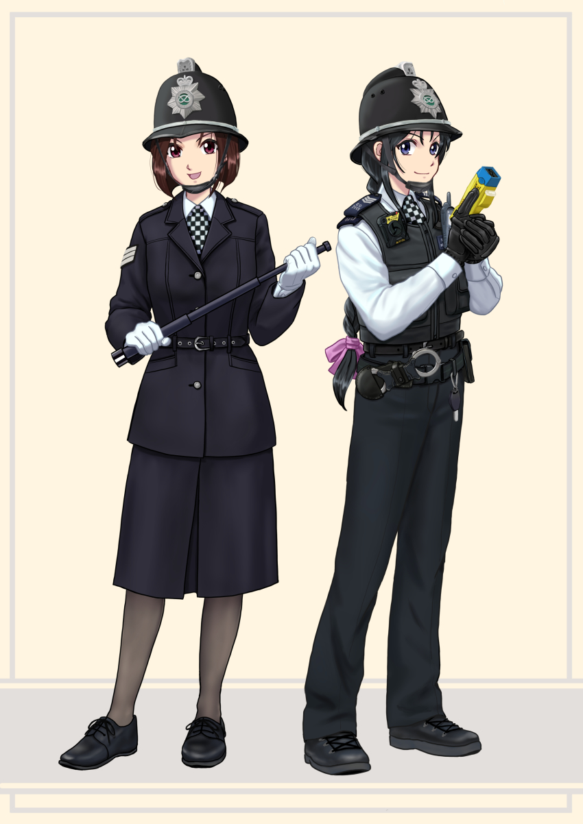 absurdres bad_id bad_pixiv_id baton_(weapon) belt black_belt black_footwear black_gloves black_hair black_pants black_skirt black_tunic black_vest blue_eyes body_cam boots bow braid brown_eyes brown_hair checkered_necktie chevron_(symbol) chin_strap cuffs custodian_helmet electroshock_weapon epaulettes facing_viewer from_side gloves hair_bow handcuffs hat helmet highres holding holding_weapon key kobayakawa_miyuki less-than-lethal_weapon long_hair md5_mismatch necktie open_mouth pants pantyhose piiiiiko police police_hat police_uniform policewoman ponytail portrait pouch resolution_mismatch shirt shoes short_hair skirt smile source_smaller taiho_shichauzo taser tsujimoto_natsumi tunic united_kingdom vest walkie-talkie weapon white_gloves white_shirt