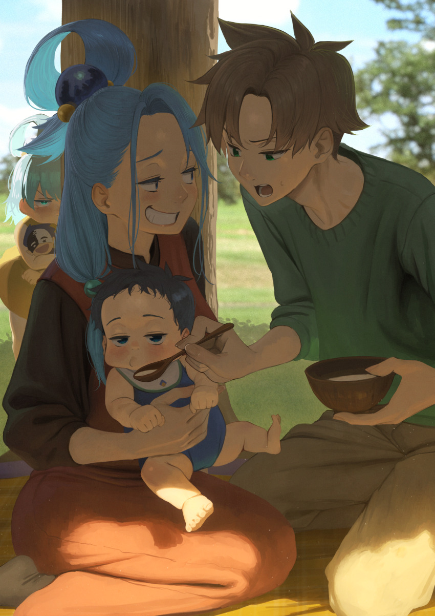2boys 2girls aged_up alternate_costume aqua_(konosuba) asymmetrical_bangs baby bib black_shirt blue_hair blurry blurry_background blush bowl brown_hair character_doll child commentary_request contemporary doll dress family father_and_daughter father_and_son feeding forehead green_sweater grin hair_rings highres holding holding_bowl holding_spoon hugging_doll hugging_object husband_and_wife if_they_mated izawa_(bhive003) jealous kneeling kono_subarashii_sekai_ni_shukufuku_wo! looking_at_another mother_and_daughter mother_and_son multiple_boys multiple_girls orange_dress outdoors peeking_out pinafore_dress satou_kazuma shirt single_hair_ring sleeveless sleeveless_dress smile spoon sweater tears tree v-shaped_eyebrows vanir