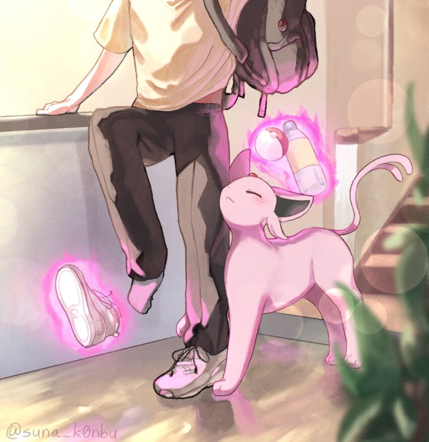 1other artist_name backpack bag black_bag black_pants bottle closed_eyes closed_mouth espeon facing_up forked_tail gen_2_pokemon grey_shoes head_out_of_frame helping highres indoors nintendo pants plant poke_ball poke_ball_(basic) pokemon potted_plant putting_on_footwear shirt shoes socks stairs standing suna_k0nbu tail telekinesis twitter_username water_bottle white_socks yellow_shirt