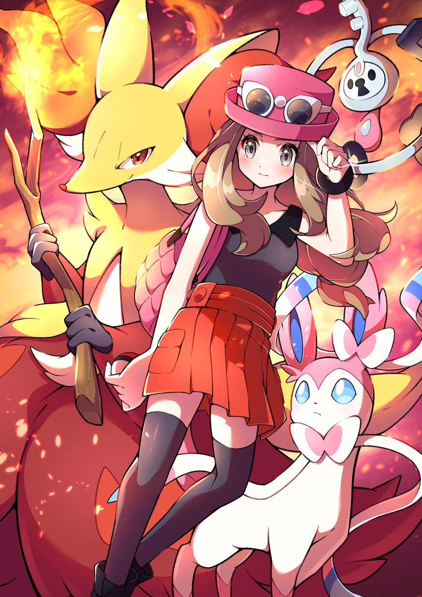 1girl absurdres animal_ear_fluff bag black_footwear blush brown_hair closed_mouth collared_shirt commentary_request delphox eyelashes eyewear_on_headwear fire gen_6_pokemon grey_eyes hand_up handbag hat highres klefki long_hair mega_ring nintendo pink_bag pink_headwear pokemon pokemon_(creature) pokemon_xy pon_yui red_skirt serena_(pokemon) shirt shoes skirt sleeveless sleeveless_shirt sunglasses sylveon thighhighs white-framed_eyewear