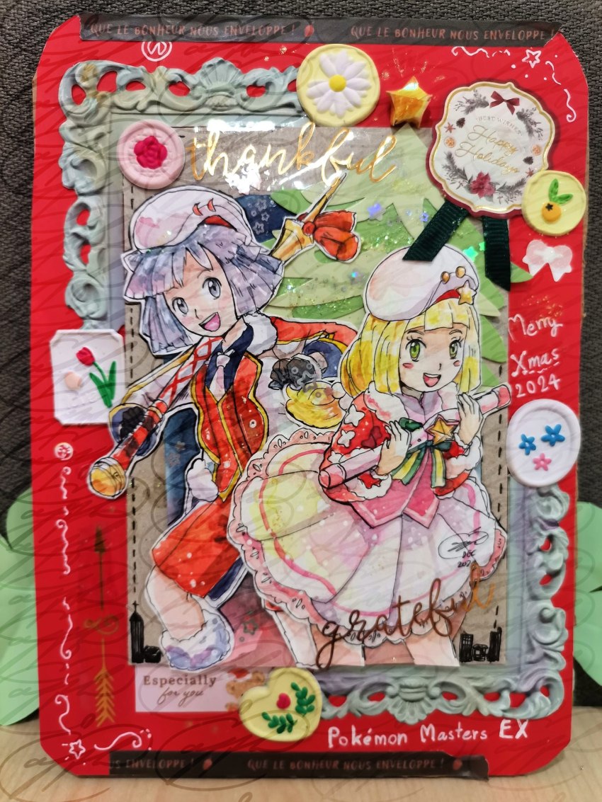 1boy 1girl 2024 appleko blonde_hair bugsy_(holiday_2024)_(pokemon) bugsy_(pokemon) christmas copyright_name flower_symbol flute green_eyes hat highres holding holding_flute holding_instrument instrument lillie_(holiday_2024)_(pokemon) lillie_(pokemon) nintendo official_alternate_costume photo_(medium) pokemon pokemon_masters_ex purple_hair star_(symbol) white_hat