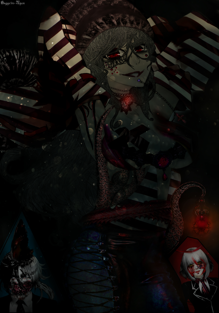 1boy 2girls absurdres album_cover alternate_color alternate_costume ammonite angry arms_behind_head artist_name black_hair blood breasts chain check_commentary commentary_request corruption cover creepy cross dark dark_skin darkness evil_smile fins formal_clothes funamusea glasses grey_eyes grey_hair highres horror_(theme) in_water jaw jewelry lamp light lip_piercing long_hair looking_at_viewer looking_away md5_mismatch multiple_girls necklace necktie old_(funamusea) oounabara_to_wadanohara open_mouth pants piercing red_eyes sheep_(funamusea) shell short_hair smile soggates-nyan_(amurka-chan) suit tatsumiya_(funamusea) teeth tentacles worm yellow_eyes