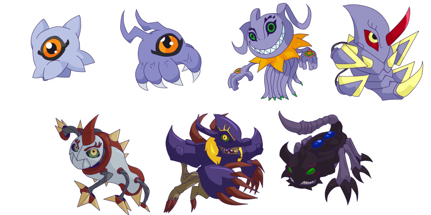 absurdres armagemon chrysalimon diablomon digimon highres horns incredibly_absurdres infermon keramon kuramon one-eyed sharp_teeth simple_background spikes teeth tentacles tsumemon white_background