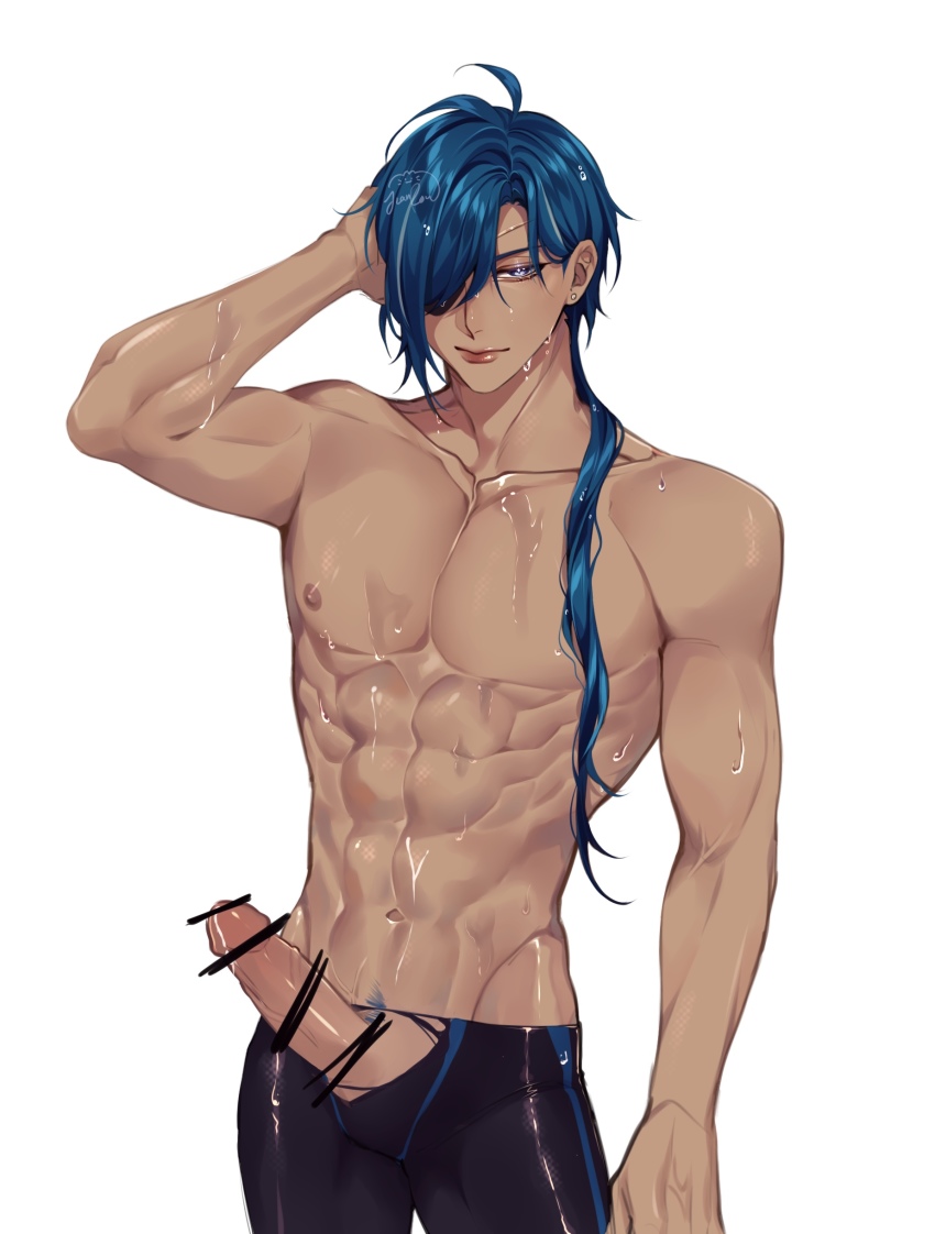1boy abs absurdres ahoge bar_censor bara black_jammers black_male_swimwear blue_eyes blue_hair censored dark-skinned_male dark_blue_hair dark_skin eyepatch genshin_impact highres jammers kaeya_(genshin_impact) male_focus male_swimwear muscular muscular_male nipples penis rourouki simple_background smile swim_trunks swimsuit testicles torn_clothes torn_male_swimwear torn_swimsuit white_background
