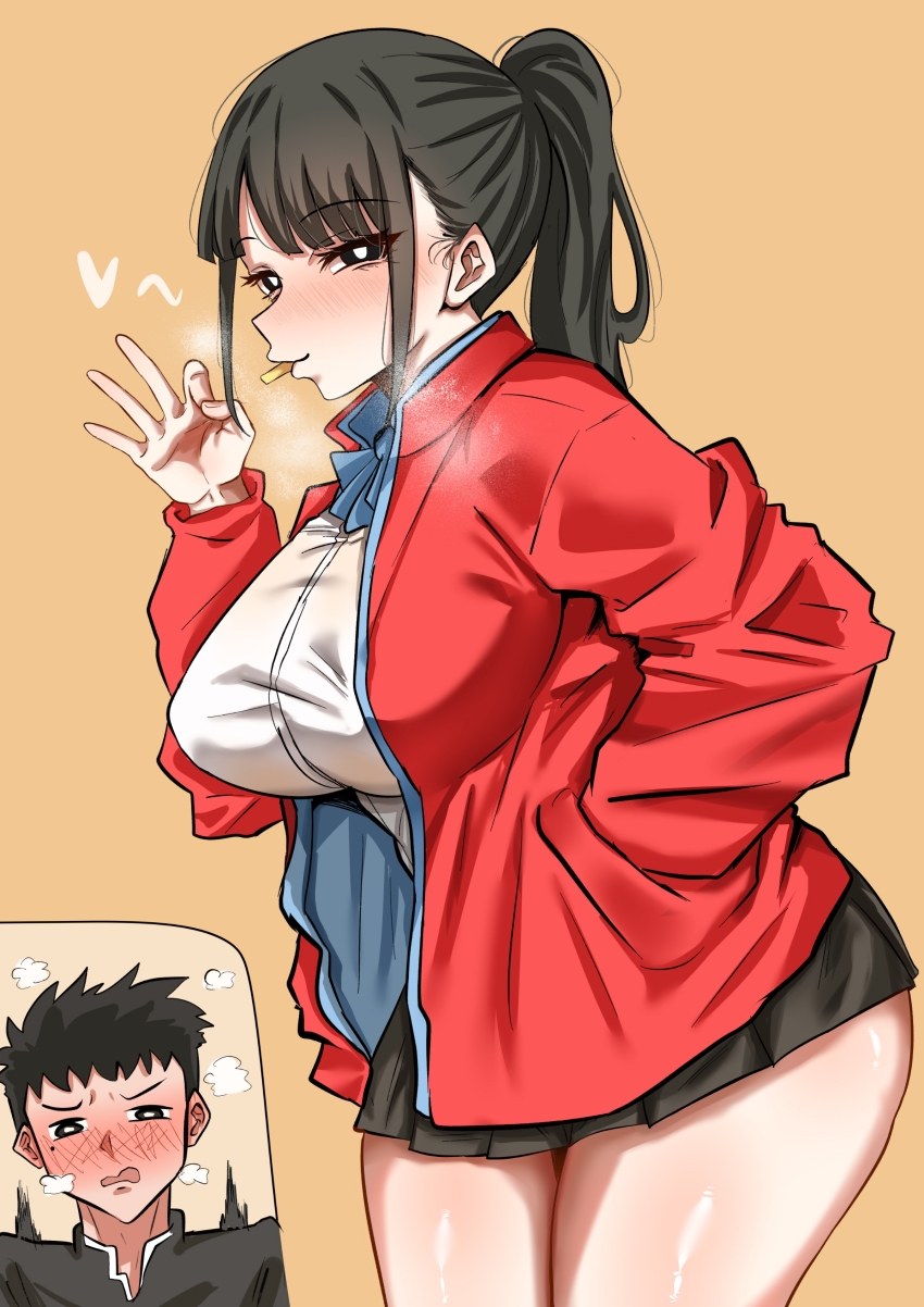 1boy 1girl absurdres black_eyes black_hair black_skirt blue_ribbon blush boyfriend_(yoru_mac) breasts bright_pupils commentary_request cowboy_shot fellatio_gesture food_in_mouth girlfriend_(yoru_mac) hand_in_pocket hand_up heart highres inset jacket large_breasts long_hair looking_at_viewer miniskirt neck_ribbon open_clothes open_jacket open_mouth orange_background pleated_skirt ponytail red_jacket ribbon school_uniform shirt simple_background skirt solo_focus white_pupils white_shirt woo_(woosan) yoru_mac