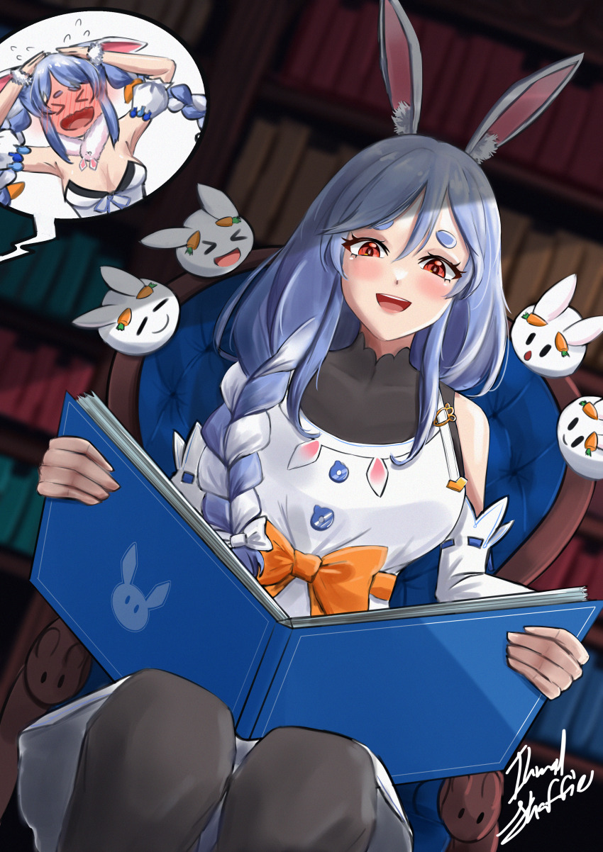 &gt;_&lt; 2girls absurdres animal_ears arm_garter blue_hair blush bodystocking book bookshelf bow carrot chair covered_collarbone don-chan_(usada_pekora) dress ears_down embarrassed flying_sweatdrops hair_bow highres hololive ikmal_shaffie long_braid multicolored_hair multiple_girls on_chair open_book open_mouth orange_bow pekomama rabbit_ears rabbit_girl red_eyes signature sitting smile streaked_hair usada_pekora usada_pekora_(1st_costume) virtual_youtuber white_bow white_dress white_hair