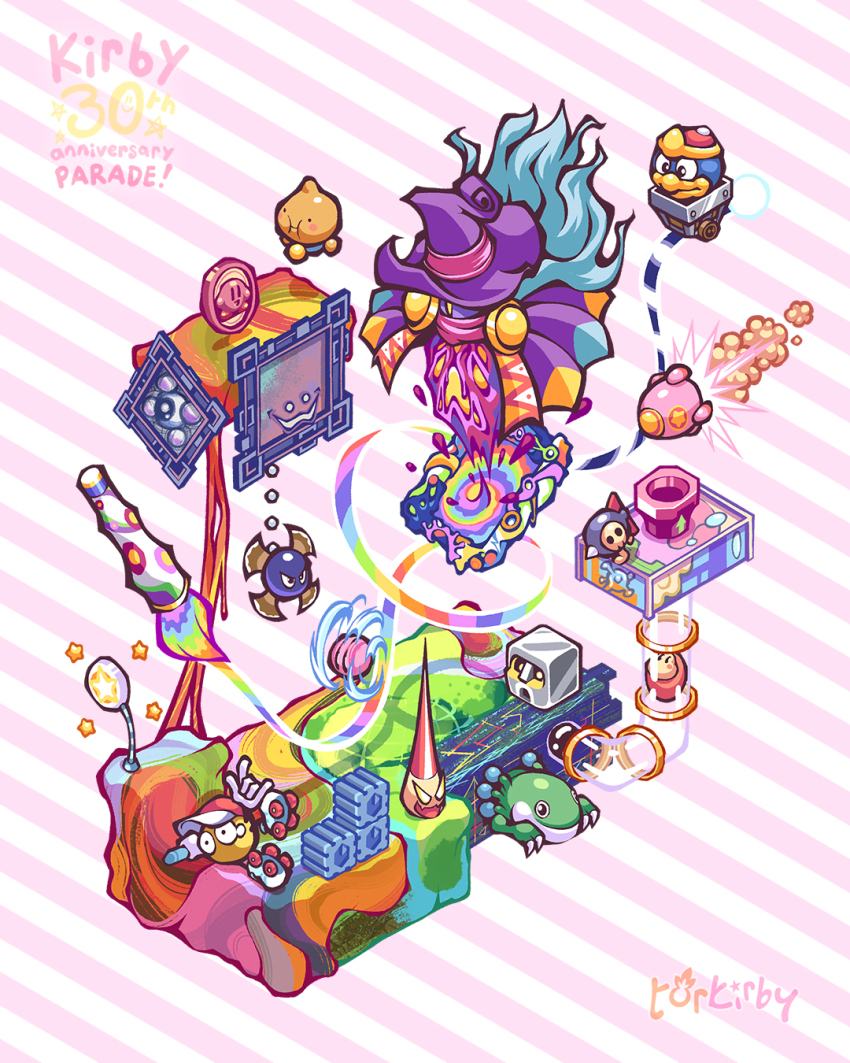 anniversary artist_name baseball_cap blado bloon_(kirby) blue_hair bomber_(kirby) cackling_painting character_name claws closed_mouth copy_ability copyright_name drawcia english_text gaveela hat highres holding king_dedede kirby kirby_(series) kirby_canvas_curse kracko_jr. long_hair missile missile_kirby motion_blur nintendo no_humans one-eyed open_mouth paint paint_roller_(kirby) paintbrush painting_(object) purple_hat red_hat rocket roller_skates rolling simple_background skates star_(symbol) striped_background thudd tick_(kirby) torkirby tube two-tone_background v-shaped_eyes w waddle_dee witch_hat
