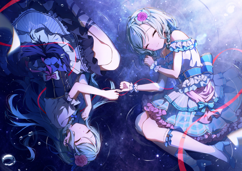 2girls absurdres aqua_hair bang_dream! blue_corset blue_ribbon braid closed_eyes closed_mouth commentary_request corset dress flower frilled_dress frills hair_flower hair_ornament highres hikawa_hina hikawa_sayo long_hair lying medium_hair multiple_girls off-shoulder_dress off_shoulder on_side pink_flower pink_rose pinky_swear ribbon rose setsuna_0430 siblings side_braid sisters string string_of_fate twins white_dress