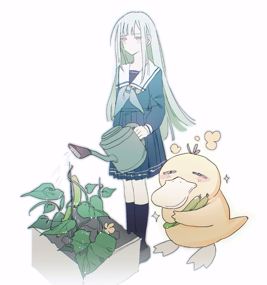 1girl bang_dream! bang_dream!_it&#039;s_mygo!!!!! black_socks blue_shirt blue_skirt commentary cucumber cucumber_plant gen_1_pokemon green_hair grey_neckerchief highres holding holding_watering_can kneehighs long_hair neckerchief nintendo pleated_skirt pokemon pokemon_(creature) psyduck reiboubyou school_uniform shirt sidelocks simple_background skirt socks standing tsukinomori_school_uniform wakaba_mutsumi watering watering_can white_background yellow_eyes