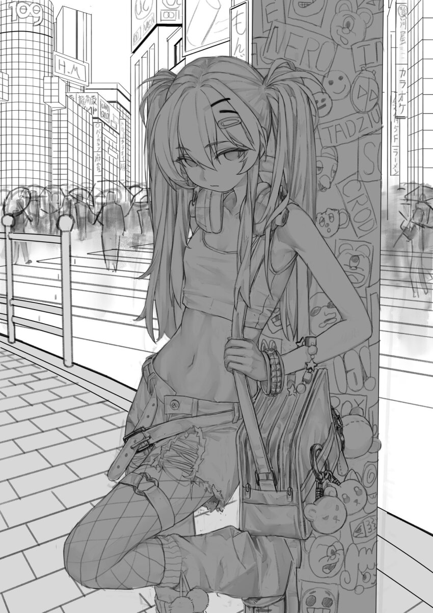 1girl bag bag_charm belt bracelet breasts charm_(object) cityscape closed_mouth commentary crop_top crosswalk cutoffs fishnet_pantyhose fishnets foot_against_wall foot_out_of_frame greyscale hair_ornament hairclip headphones headphones_around_neck heart heart_o-ring highres holding_strap jewelry leaning_on_object long_hair looking_at_viewer loose_socks midriff monochrome naruto_maki_(naruto05) navel o-ring o-ring_thigh_strap open_belt original outdoors pantyhose pole railing shoes short_shorts shorts sidewalk small_breasts socks solo standing standing_on_one_leg tank_top thigh_strap torn_clothes torn_shorts twintails