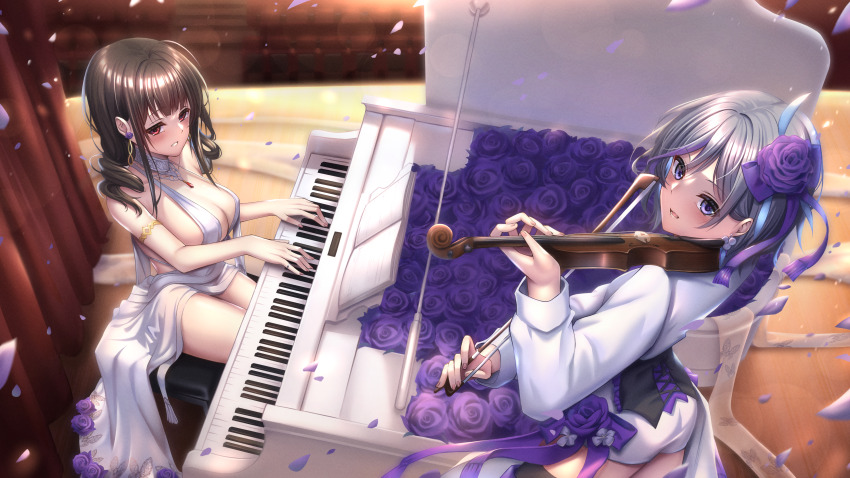 2girls absurdres alternate_costume black_hair bow_(music) breasts cleavage commentary_request commission contender_(girls&#039;_frontline) contender_(opera_ghost)_(girls&#039;_frontline) dress dsr-50_(girls&#039;_frontline) dsr-50_(highest_bid)_(girls&#039;_frontline) falling_petals flower girls&#039;_frontline grey_hair halter_dress halterneck highres instrument jewelry large_breasts long_hair multicolored_hair multiple_girls music official_alternate_costume petals piano pixiv_commission playing_instrument playing_piano purple_eyes purple_flower purple_hair red_eyes short_hair sideboob sitting standing streaked_hair violin white_dress xlscaler