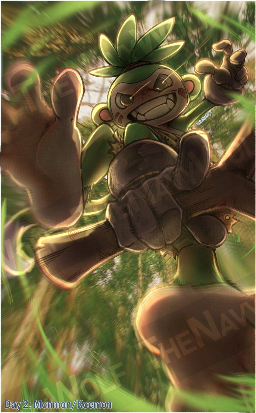 digimon digimon_(creature) koemon monkey slingshot_(weapon) smile solo