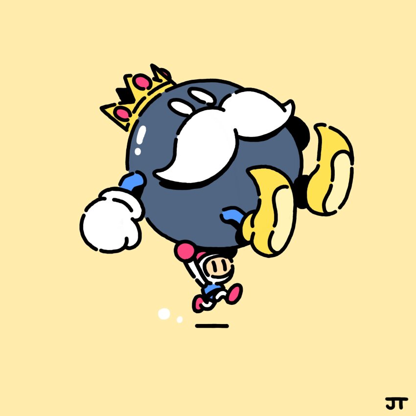 1boy arms_up bomberman carrying commentary crossover crown english_commentary facial_hair from_side gloves highres james_turner king_bob-omb male_focus mario_(series) mustache nintendo pink_shoes shoes signature simple_background trait_connection white_bomberman white_gloves yellow_background yellow_shoes