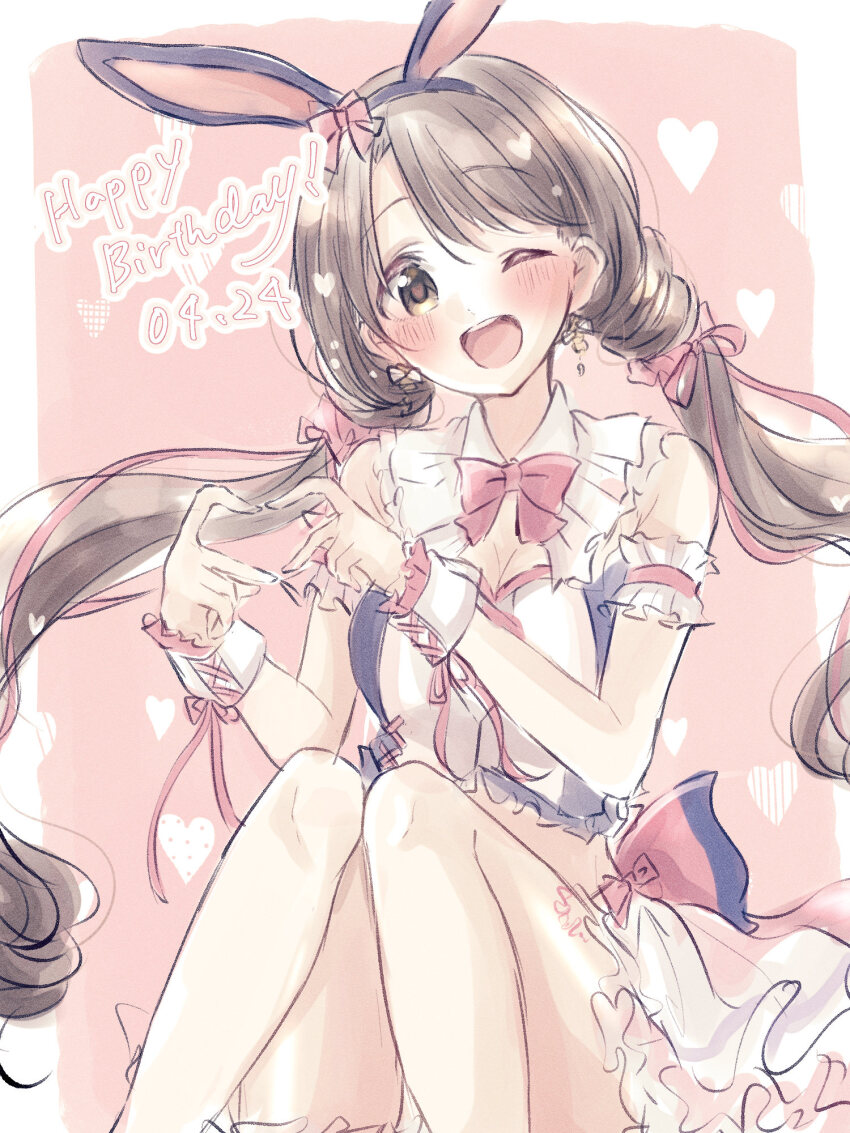 1girl four-finger_heart_hands ;d animal_ear_hairband animal_ears arm_garter baran._(ba_ra_ran) bow bowtie breasts brown_hair cleavage cropped_shirt dated fake_animal_ears feet_out_of_frame frilled_shirt_collar frilled_wristband frills hair_ribbon hairband happy_birthday heart heart_background heart_hands heart_in_eye highres idolmaster idolmaster_cinderella_girls knees_together_feet_apart knees_up long_hair looking_at_viewer midriff official_alternate_costume one_eye_closed open_mouth rabbit_ear_hairband rabbit_ears red_bow red_bowtie red_ribbon ribbon shimamura_uzuki shirt sitting skirt sleeveless sleeveless_shirt smile solo symbol_in_eye teeth twintails upper_teeth_only very_long_hair white_skirt