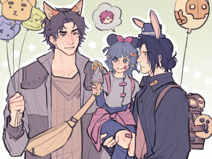 2boys animal_ears arcane:_league_of_legends arcane_jayce arcane_professor_heimerdinger arcane_vi balloon bandaid bandaid_on_knee bandaid_on_leg black_hair blitzcrank blue_hair brown_hair carrying carrying_person clothes_around_waist cosplay fake_animal_ears fanny_pack hashtag-only_commentary highres holding holding_balloon holding_ice_cream_cone ice_cream_cone jacket jacket_around_waist jayce_(league_of_legends) jinx_(league_of_legends) judy_hopps judy_hopps_(cosplay) league_of_legends looking_at_another minnie_mouse_ears multiple_boys nick_wilde nick_wilde_(cosplay) pink_hair powder_(arcane) ring_yoo silco_(arcane) smile speech_bubble spoken_character vander_(arcane) vi_(league_of_legends) viktor_(arcane) viktor_(league_of_legends)