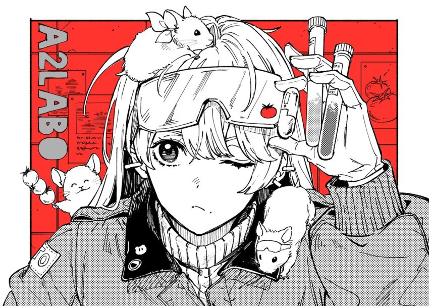 1girl animal arisaka_ako cardigan closed_mouth ear_piercing eyewear_on_head gloves hand_up holding holding_test_tube jacket mole mouse_(animal) mouse_on_head mouse_on_shoulder one_eye_closed original partially_colored piercing pill red_background solo sweater test_tube tomato