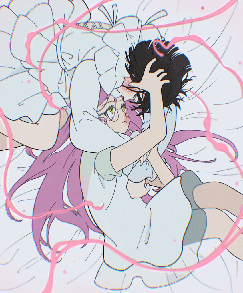 2girls aged_down alien_stage black_hair bruise bruise_on_face commentary_request dress glasses highres injury long_hair mamama_545 mizi_(alien_stage) multiple_girls pink_hair short_hair sua_(alien_stage) very_long_hair white_dress yellow_eyes