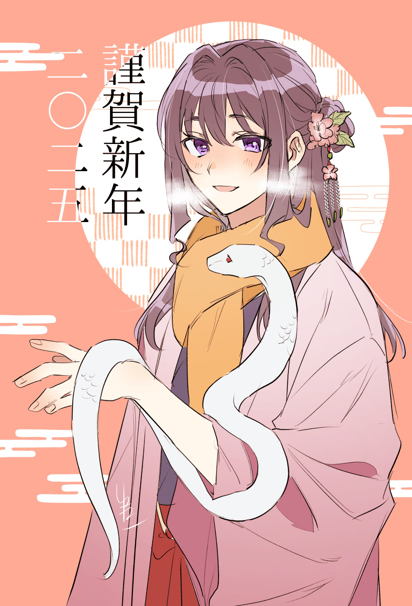 absurdres alternate_costume alternate_hairstyle androgynous blush breath brown_hair chinese_zodiac cowboy_shot egasumi flower hair_between_eyes hair_bun hair_flower hair_intakes hair_ornament hakama half_updo hand_up haori highres houjou_tokiyuki_(nige_jouzu_no_wakagimi) japanese_clothes kanzashi kimono kuromiya_yuneko leaf long_hair looking_at_viewer new_year nige_jouzu_no_wakagimi nose_blush open_mouth pink_background pink_flower pink_haori purple_eyes purple_kimono red_hakama scarf sidelocks single_side_bun snake snake_wrapped_around_arm white_snake wide_sleeves year_of_the_snake yellow_scarf