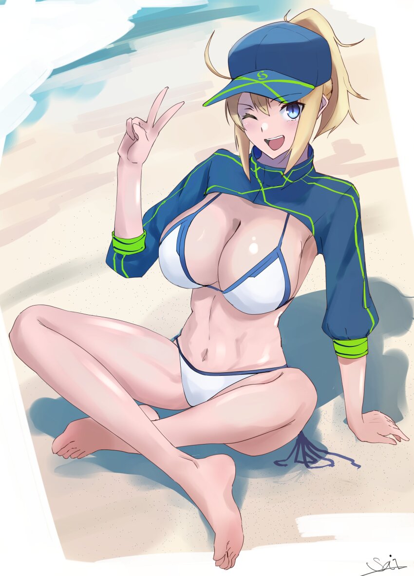 1girl absurdres ahoge artoria_pendragon_(fate) barefoot baseball_cap beach bikini blonde_hair blue_eyes blue_hat blue_jacket blue_shrug blush breasts cleavage cropped_jacket fate/grand_order fate_(series) hat highres indian_style jacket large_breasts long_hair long_sleeves looking_at_viewer mysterious_heroine_xx_(fate) navel one_eye_closed open_mouth ponytail s4ika shrug_(clothing) side-tie_bikini_bottom sidelocks sitting smile solo swimsuit v variant_set white_bikini wristband