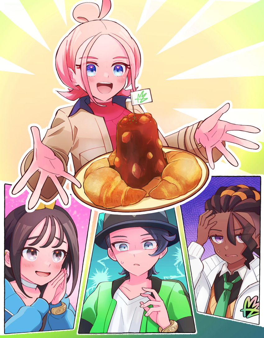 2boys 2girls black_eyes black_hair black_shirt blonde_hair blue_eyes blush bracelet brown_hair brown_jacket choker collared_shirt commentary_request croissant curry dark-skinned_male dark_skin eyelashes fingernails food green_jacket green_necktie hair_between_eyes highres jacket jewelry lida_(pokemon) long_sleeves mega_ring mini_flag multicolored_hair multiple_boys multiple_girls naveen_(pokemon) necktie nintendo open_clothes open_jacket open_mouth outline own_hands_together paxton_(pokemon) pink_hair plate pokemon pokemon_legends:_z-a purple_eyes red_shirt ric_(aceradio) shirt short_hair smile sweatdrop taunie_(pokemon) teeth two-tone_hair undercut upper_teeth_only v-neck vest white_choker white_outline white_shirt
