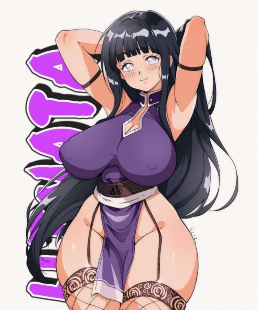 1girl adjusting_hair armpits arms_behind_head artist_name black_hair blunt_bangs blush breasts character_name closed_mouth commentary covered_erect_nipples cowboy_shot curvy dress fishnet_thighhighs fishnets garter_straps grey_eyes highres hyuuga_hinata large_breasts long_hair looking_at_viewer naruto_(series) naruto_shippuuden pelvic_curtain procreate_(medium) purple_dress simple_background sleeveless sleeveless_dress smile solo standing thighhighs vizaz white_background