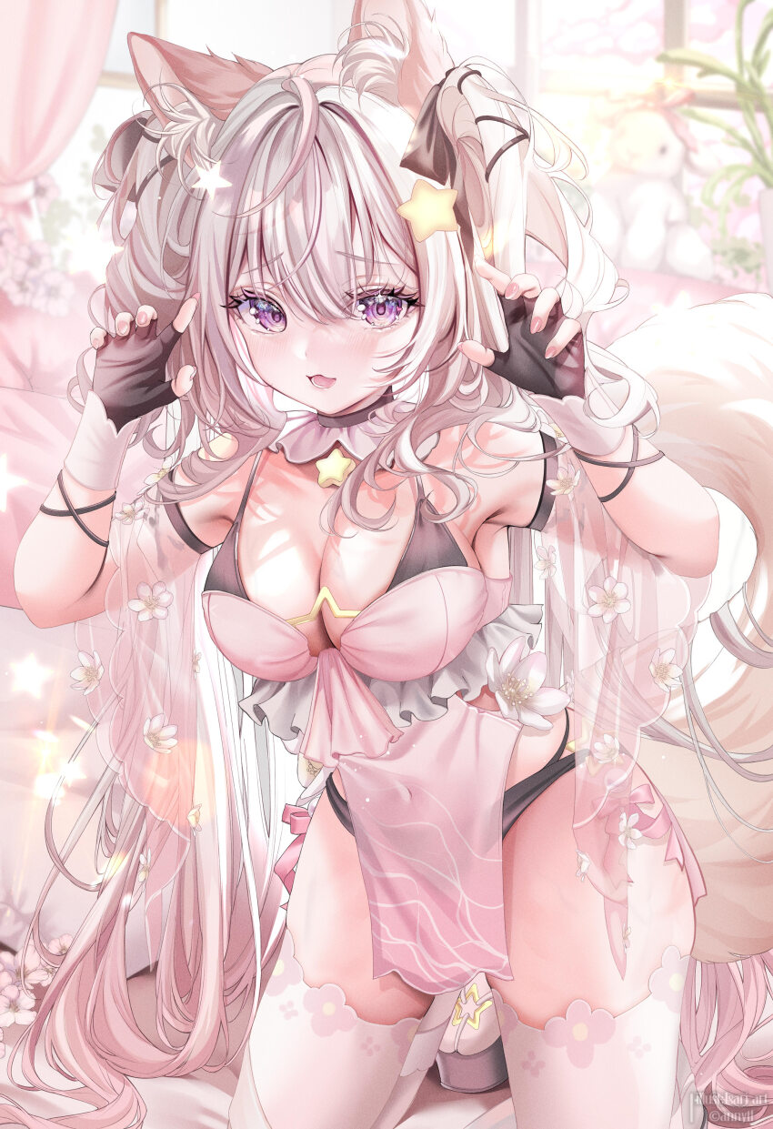 1girl absurdres animal_ears annytf armpits arms_up bare_shoulders black_choker black_gloves black_panties breasts choker cleavage covered_navel detached_sleeves dress fingerless_gloves fox_ears fox_girl fox_tail gloves gradient_hair highres indie_virtual_youtuber isari_sensei kneeling large_breasts long_hair looking_at_viewer multi-strapped_panties multicolored_hair open_mouth panties pelvic_curtain pink_dress purple_eyes see-through_clothes see-through_sleeves short_dress sleeveless sleeveless_dress smile solo strap_gap string_panties tail thighhighs thighs two_side_up underwear very_long_hair virtual_youtuber white_hair white_thighhighs wide_sleeves