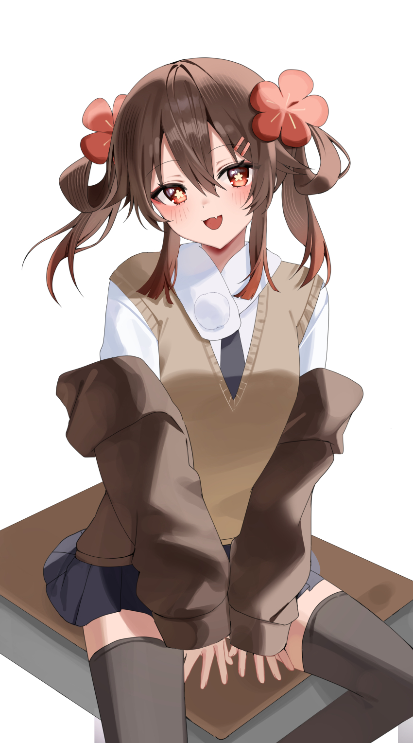 1girl absurdres brown_hair emduck flower-shaped_pupils genshin_impact highres hu_tao_(genshin_impact) looking_at_viewer off_shoulder open_mouth red_eyes school_uniform smile solo symbol-shaped_pupils twintails vest