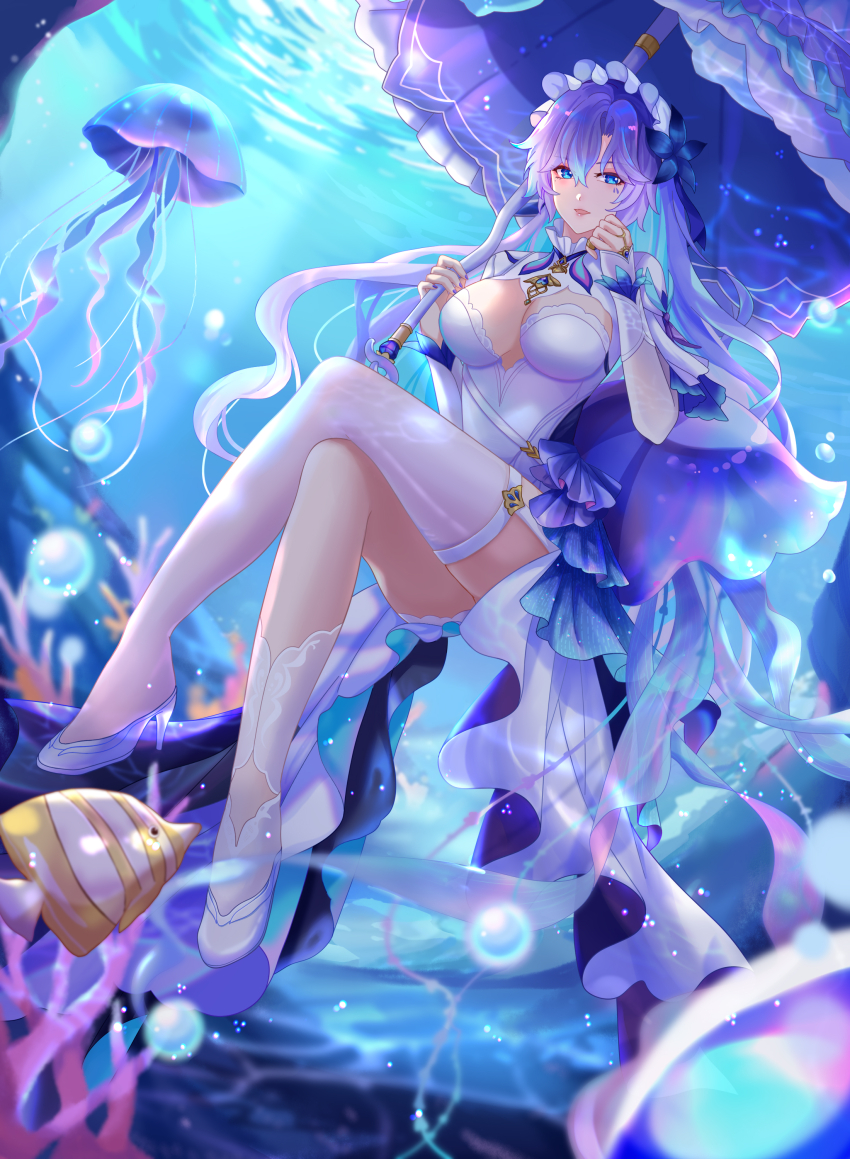 1girl absurdres asymmetrical_legwear blue_eyes blue_flower blue_hair breasts cantarella_(wuthering_waves) colored_inner_hair commentary_request crossed_legs dress facial_mark fish flower hair_between_eyes hair_flower hair_ornament headdress high_heels highres holding holding_umbrella jellyfish kareko_(xs-1833) large_breasts legwear_cutout long_hair looking_at_viewer mark_under_eye multicolored_hair open_mouth partial_commentary purple_hair purple_umbrella revision shoes shrug_(clothing) single_sock single_thighhigh smile socks solo thighhighs thighs umbrella underwater uneven_legwear very_long_hair white_dress white_shoes white_shrug white_socks white_thighhighs wuthering_waves