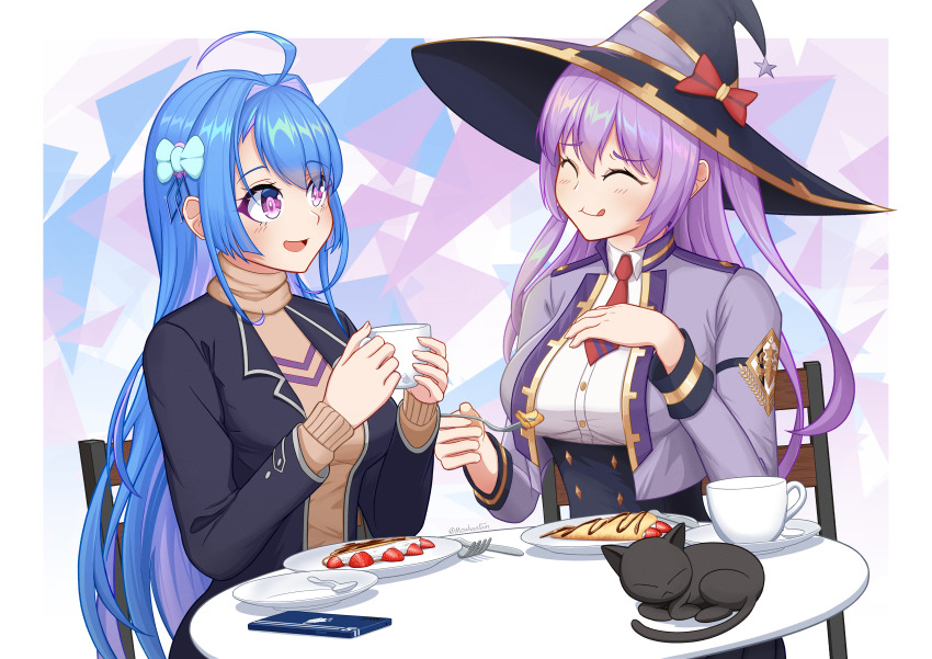 2girls :q absurdres ahoge azur_lane black_cat black_jacket blue_hair breasts brown_sweater casual cat chair cropped_jacket cup closed_eyes food hat helena_(azur_lane) highres holding holding_cup huge_filesize jacket king&#039;s_raid large_breasts light_purple_hair long_hair medium_breasts mouhantain multiple_girls necktie ophelia_(king&#039;s_raid) purple_hair red_neckwear round_table shirt short_necktie sitting sweater table tongue tongue_out underbust white_shirt witch_hat