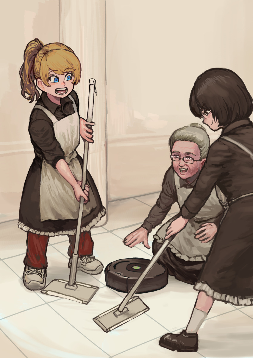 3girls :d absurdres apron black_dress black_footwear black_hair blonde_hair blue_eyes broom chanta_(ayatakaoisii) closed_mouth collared_dress curling dress glasses grey_apron grey_hair hair_bun highres holding holding_broom indoors maid medium_hair multiple_girls old old_woman open_mouth original pants parody ponytail red_hair red_pants robotic_vacuum_cleaner semi-rimless_eyewear shoes single_hair_bun smile socks standing under-rim_eyewear white_legwear wing_collar