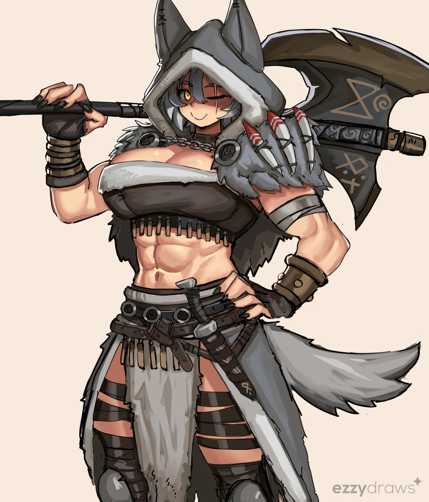 1girl abs absurdres animal_ears axe barbarian black_nails bracelet breasts cleavage crop_top ezzydraws fingerless_gloves gloves grey_hair hand_on_own_hip highres hood jewelry knife large_breasts looking_at_viewer muscular muscular_female one_eye_closed orange_eyes original over_shoulder pelt scar scar_across_eye scar_on_face signature smile solo tail weapon weapon_over_shoulder wolf_ears wolf_girl wolf_tail