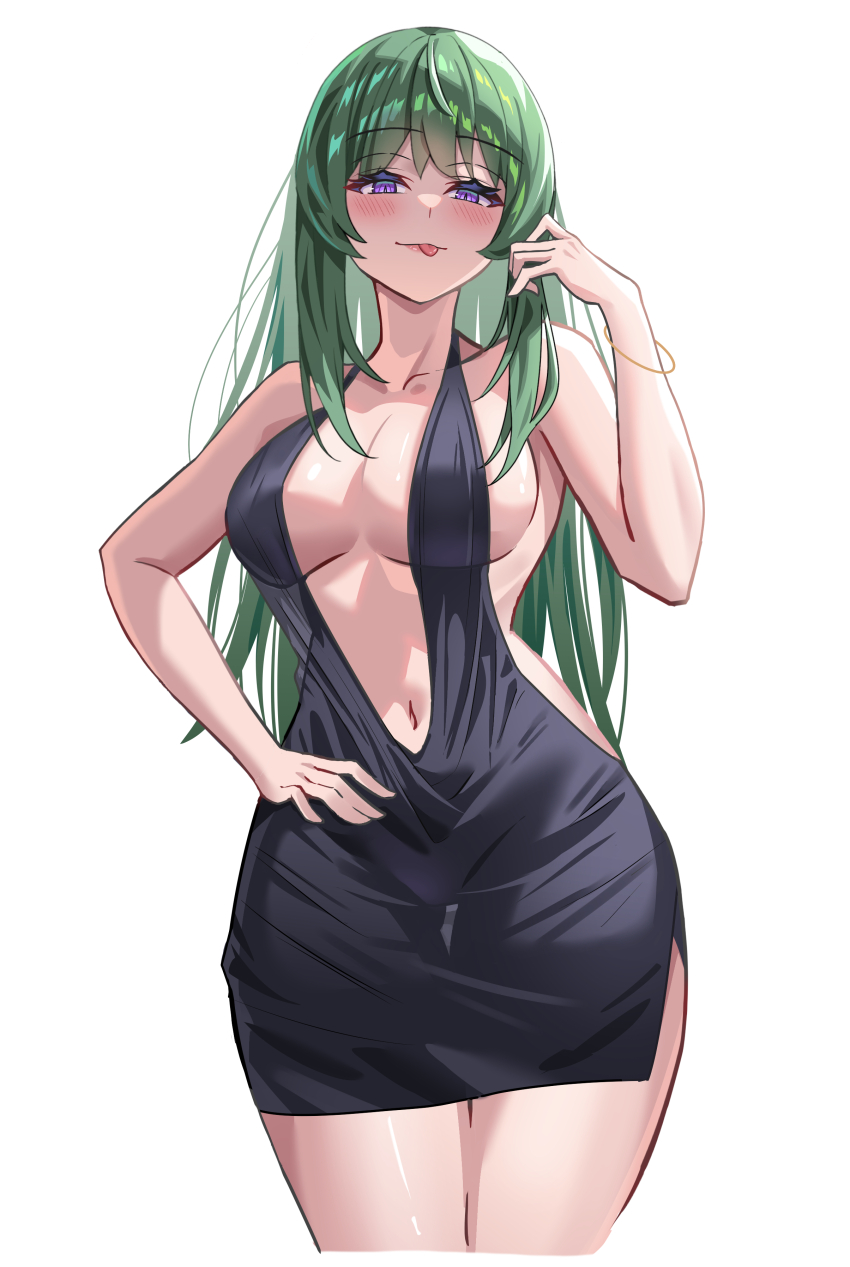 1girl absurdres black_dress blush breasts cleavage closed_mouth commission cowboy_shot cropped_legs curvy dress evening_gown green_hair hair_over_shoulder hand_on_own_hip hand_up highres large_breasts long_hair long_sidelocks looking_at_viewer navel no_bra original purple_eyes see-through_silhouette shiny_skin short_dress sideless_dress sidelocks simple_background skeb_commission solo standing thigh_gap tongue tongue_out uyufuzi_s white_background