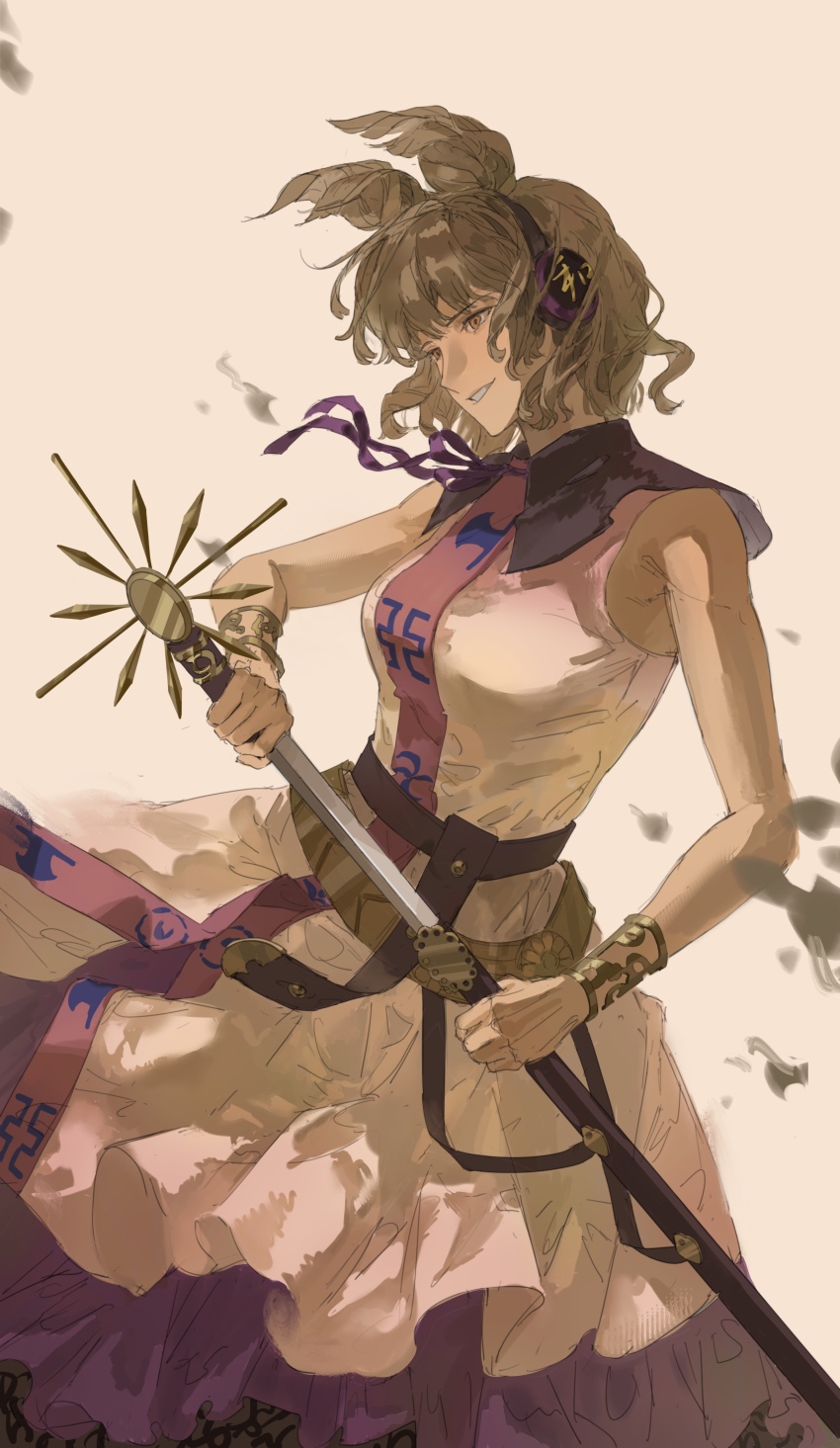 1girl absurdres bare_shoulders blonde_hair bracelet breasts chinese_commentary commentary cowboy_shot dress earmuffs grin highres jewelry looking_to_the_side purple_ribbon purple_skirt ribbon ritual_baton sheath shirt short_hair skirt sleeveless sleeveless_dress sleeveless_shirt smile solo sword tansuyuli touhou toyosatomimi_no_miko weapon yellow_eyes