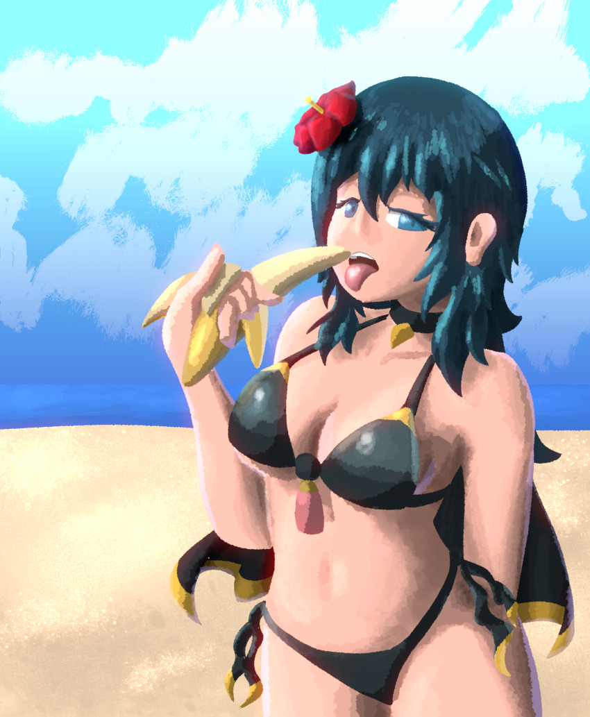 1girl banana beach bikini black_bikini black_cape blue_hair blush breasts cape choker cleavage cloud collarbone female_byleth_(fire_emblem) female_byleth_(summer)_(fire_emblem) fire_emblem fire_emblem:_three_houses flower food fruit hair_flower hair_ornament highres holding holding_food large_breasts long_hair looking_at_viewer nintendo ocean open_mouth sand sexually_suggestive side-tie_bikini_bottom sky soandnb standing swimsuit teeth tongue tongue_out underboob water