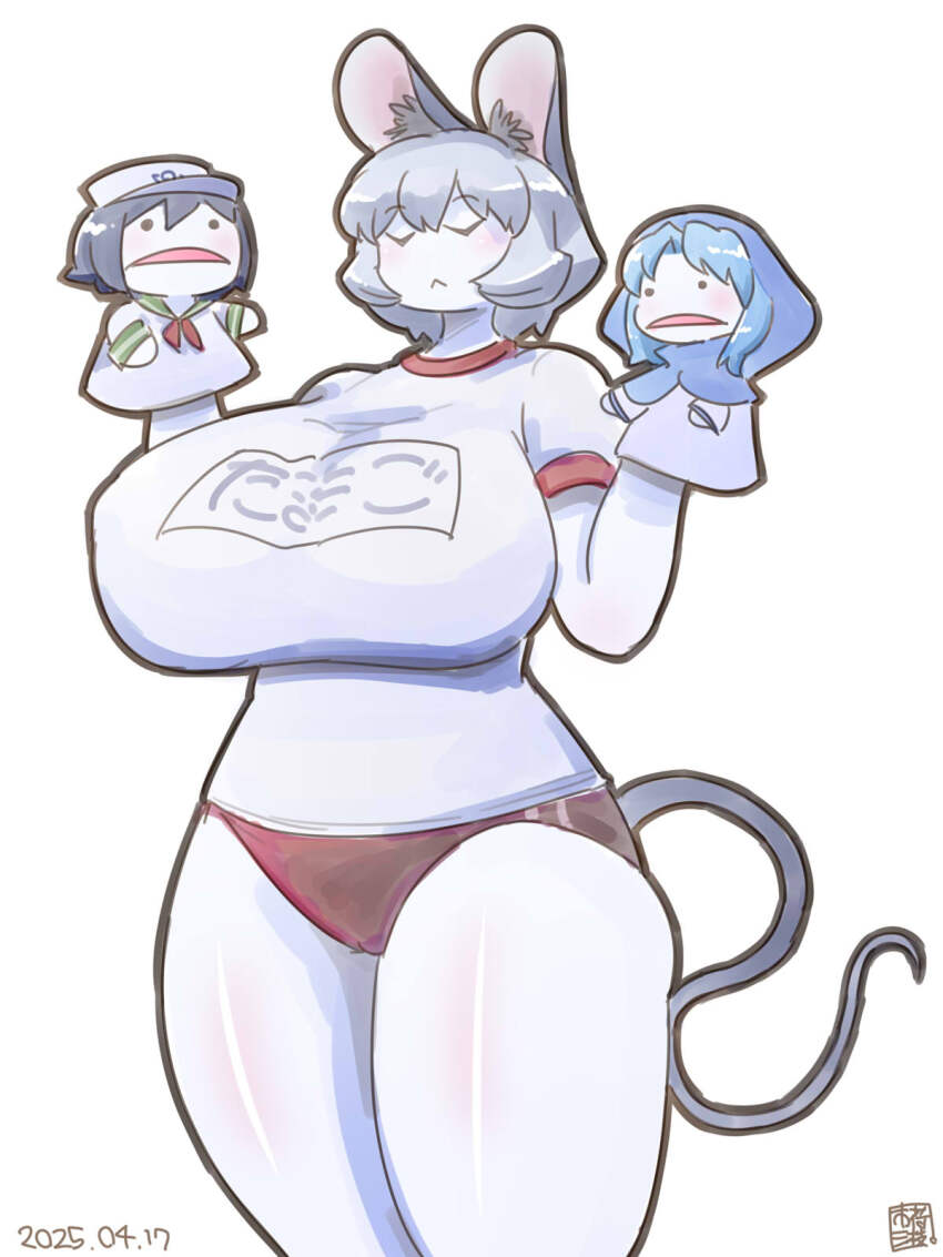 1girl :&lt; alternate_breast_size alternate_costume animal_ear_fluff animal_ears blush breasts buruma closed_eyes closed_mouth colored_skin commentary_request cookie_(touhou) cowboy_shot dated flour_(cookie) grey_hair gym_uniform hand_puppet highres huge_breasts impossible_clothes impossible_shirt itini-sanshi kumoi_ichirin milk_(cookie) mouse_ears mouse_girl mouse_tail murasa_minamitsu name_tag nazrin nyon_(cookie) puppet red_buruma shirt short_hair simple_background solo t-shirt tail touhou white_background white_shirt white_skin