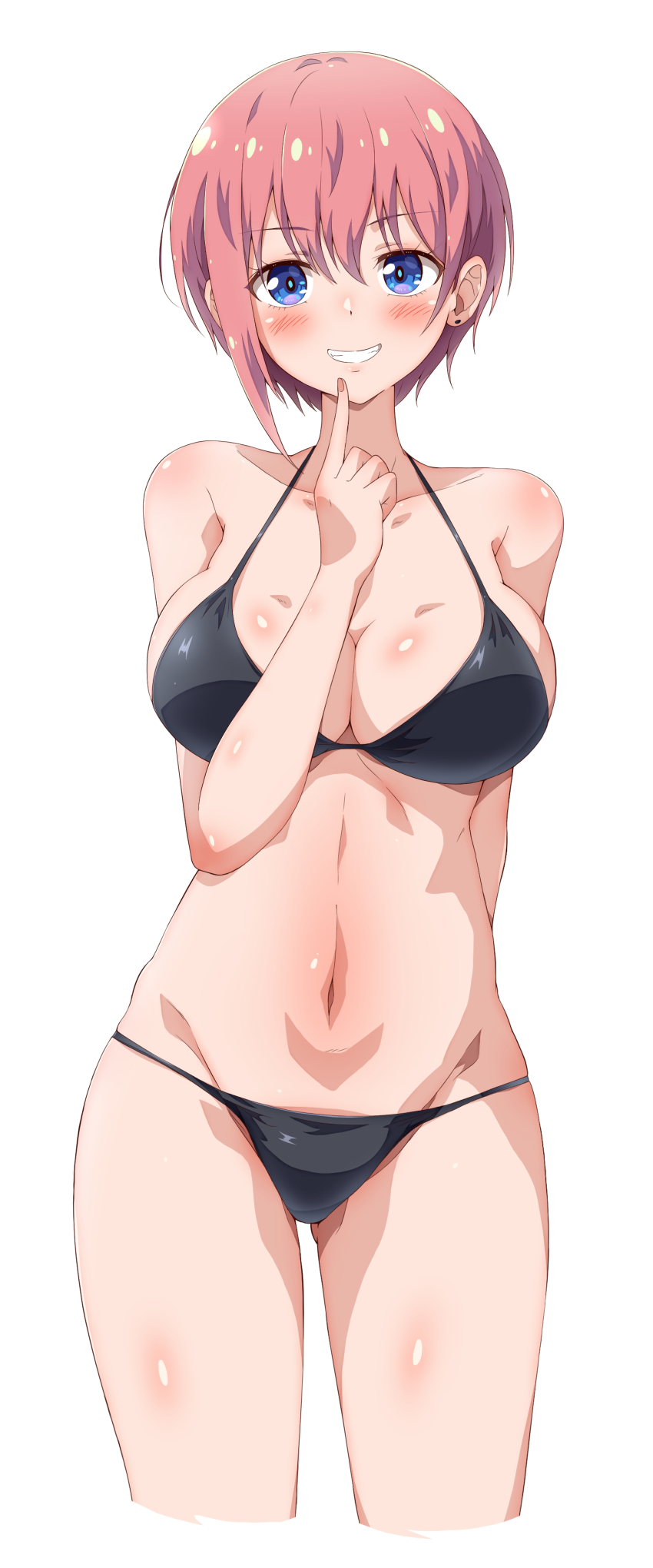 1girl absurdres arm_behind_back bikini black_bikini blue_eyes blush breasts commentary_request cropped_legs eggman_(ni_tamagoex) finger_to_own_chin go-toubun_no_hanayome grin hair_between_eyes halterneck highres large_breasts looking_at_viewer nakano_ichika navel pink_hair short_hair simple_background smile solo standing stomach string_bikini swimsuit thighs white_background
