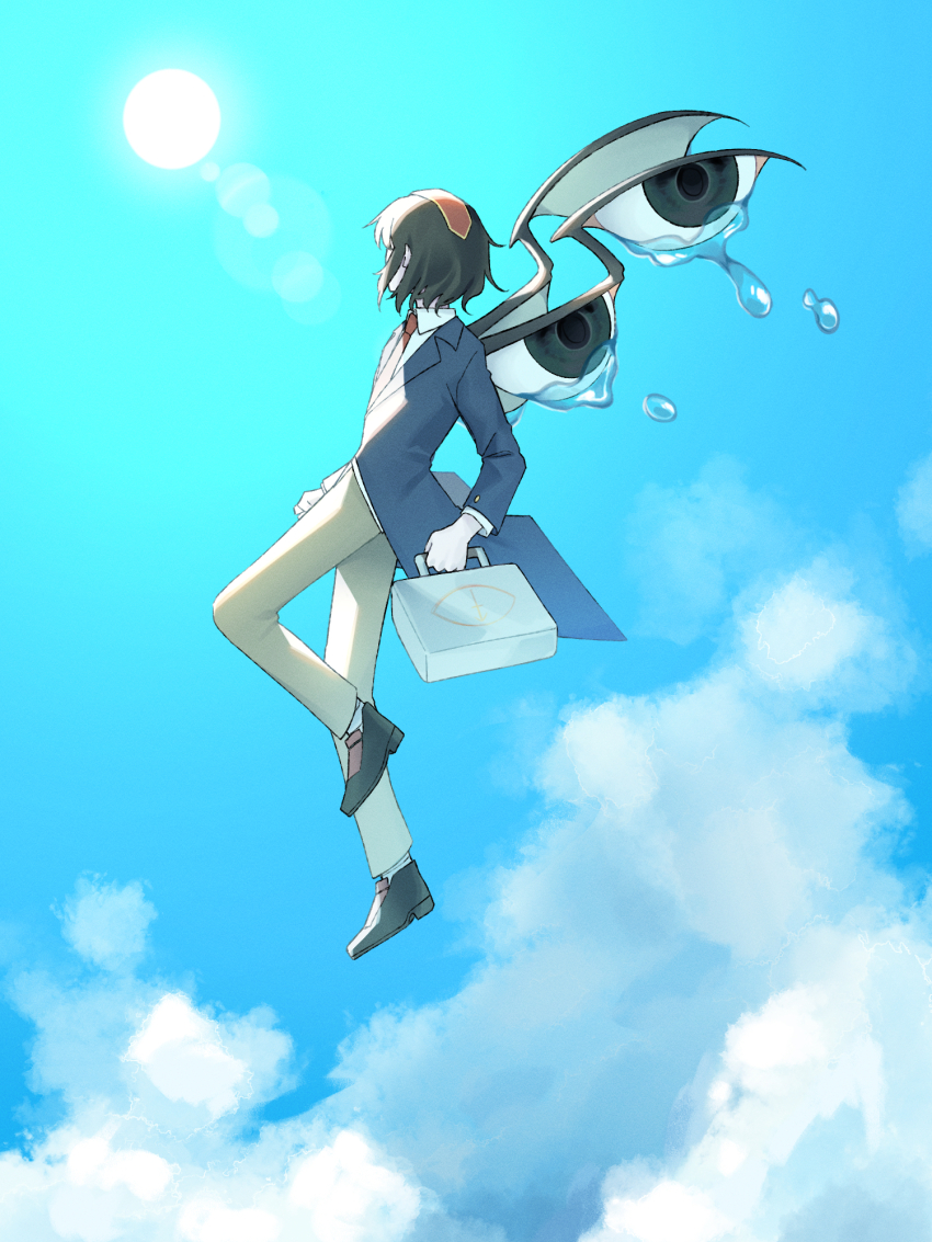 1other androgynous blazer blue_jacket blue_sky brown_hair brown_pants brown_shoes business_suit buttons cloud coattails collared_jacket collared_shirt commentary crying day dress_shoes eye_of_senri floating_clothes flying formal_clothes full_body headgear highres jacket kokutenshi_hibaru lapels layered_sleeves len&#039;en long_sleeves necktie notched_lapels other_focus outdoors pants re1re133 red_necktie shirt shoes short_hair sky socks solo suit sun sunlight teardrop white_shirt white_socks wings