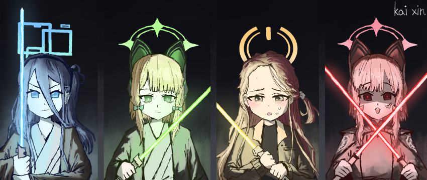 4girls alternate_costume anger_vein animal_ear_headphones animal_ears aris_(blue_archive) black_eyes black_hair blue_archive blue_eyes blunt_bangs bow braid cat_ear_headphones commentary_request death_momoi_(meme) dual_wielding energy_sword fake_animal_ears forehead game_development_department_(blue_archive) glowing glowing_sword glowing_weapon hair_between_eyes hair_bow hair_ribbon halo headphones highres holding holding_sword holding_weapon jedi kai_xin light_brown_hair lightsaber long_bangs long_hair long_sleeves looking_at_viewer low-tied_sidelocks meme midori_(blue_archive) momoi_(blue_archive) multiple_girls one_side_up parted_bangs portrait red_lightsaber ribbon short_hair sidelocks simple_background single_braid sith star_wars sword tress_ribbon v-shaped_eyebrows weapon wide_sleeves yuzu_(blue_archive)