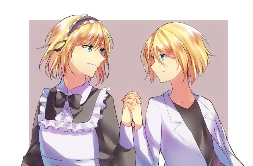 1boy 1girl aged_up alternate_costume apron aryuma772 behemo_barisol black_shirt blonde_hair blouse blue_eyes brother_and_sister crossdressing dual_persona enmaided evillious_nendaiki frilled_hairband frills hairband highres kagamine_len kagamine_rin lab_coat levia_barisol maid maid_apron maid_headdress original shirt short_hair siblings twins vocaloid