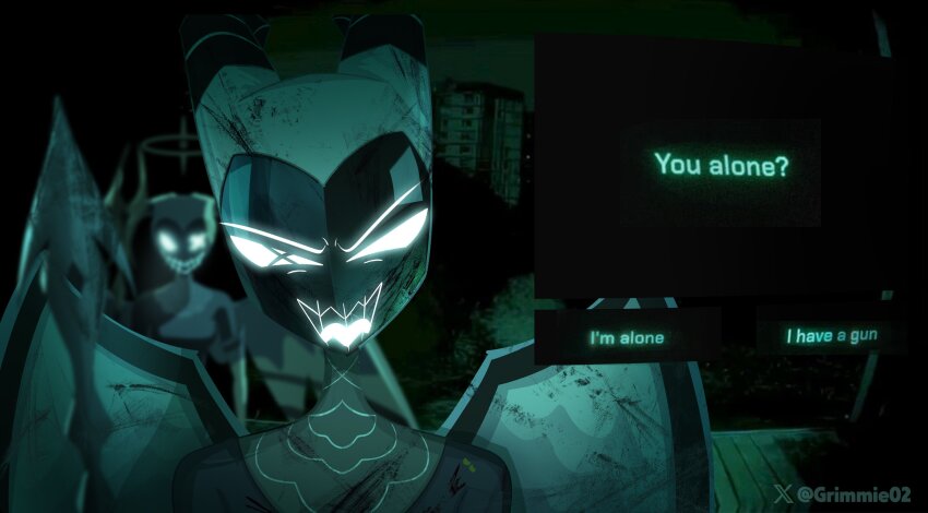 2girls absurdres angel angel_wings artist_name commentary dialogue_box dialogue_options english_commentary english_text glowing glowing_eyes green_theme grimmie02 halo hazbin_hotel hellaverse highres horns looking_at_viewer lute_(hazbin_hotel) mask meme multiple_girls no_i&#039;m_not_a_human solo_focus white_eyes wings