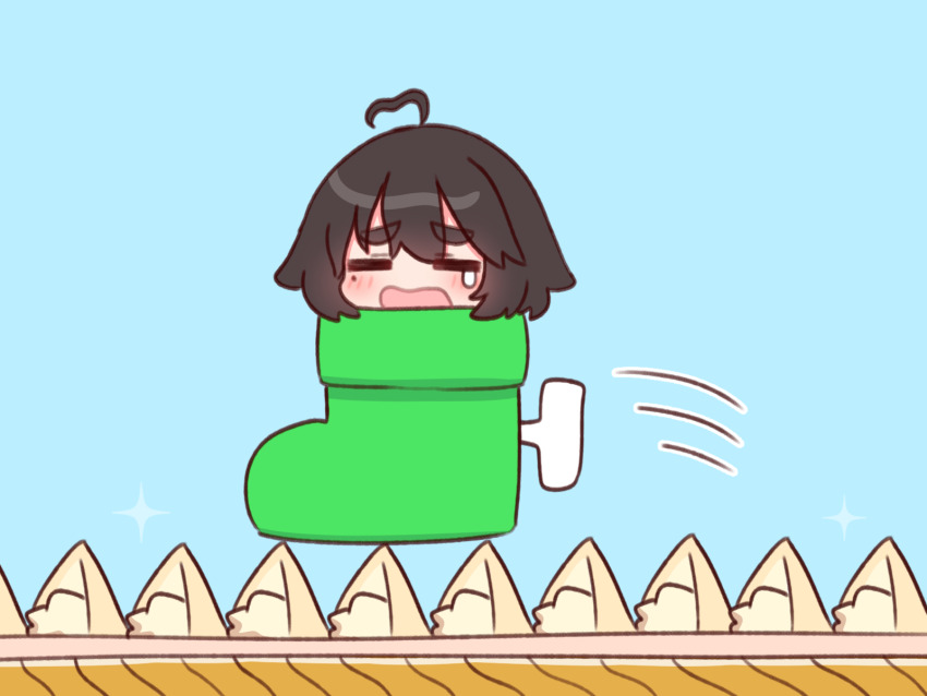 1girl ahoge animal_ear_fluff animal_ears black_hair blue_background blush closed_eyes fox_ears goomba&#039;s_shoe highres kemomimi-chan_(naga_u) kuribo&#039;s_shoe mario_(series) mole mole_under_eye motion_lines naga_u naga_u-chan nintendo open_mouth original simple_background speed_lines super_mario_bros._3 tears thick_eyebrows wavy_mouth