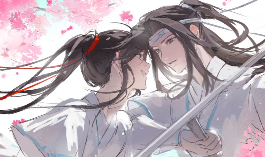 2boys aged_down ahoge alternate_costume bishounen black_hair branch cherry_blossoms chinese_clothes chinese_commentary eye_contact falling_petals floating_hair flower grey_eyes hair_ribbon hanfu headband highres holding holding_sword holding_weapon lan_wangji long_hair long_sleeves looking_at_another male_focus modao_zushi multiple_boys open_mouth parted_lips petals pink_flower ponytail red_ribbon ribbon shenzhang10011 sidelocks sketch smile sword tree upper_body weapon wei_wuxian white_background white_hanfu white_headband white_ribbon yaoi yellow_eyes