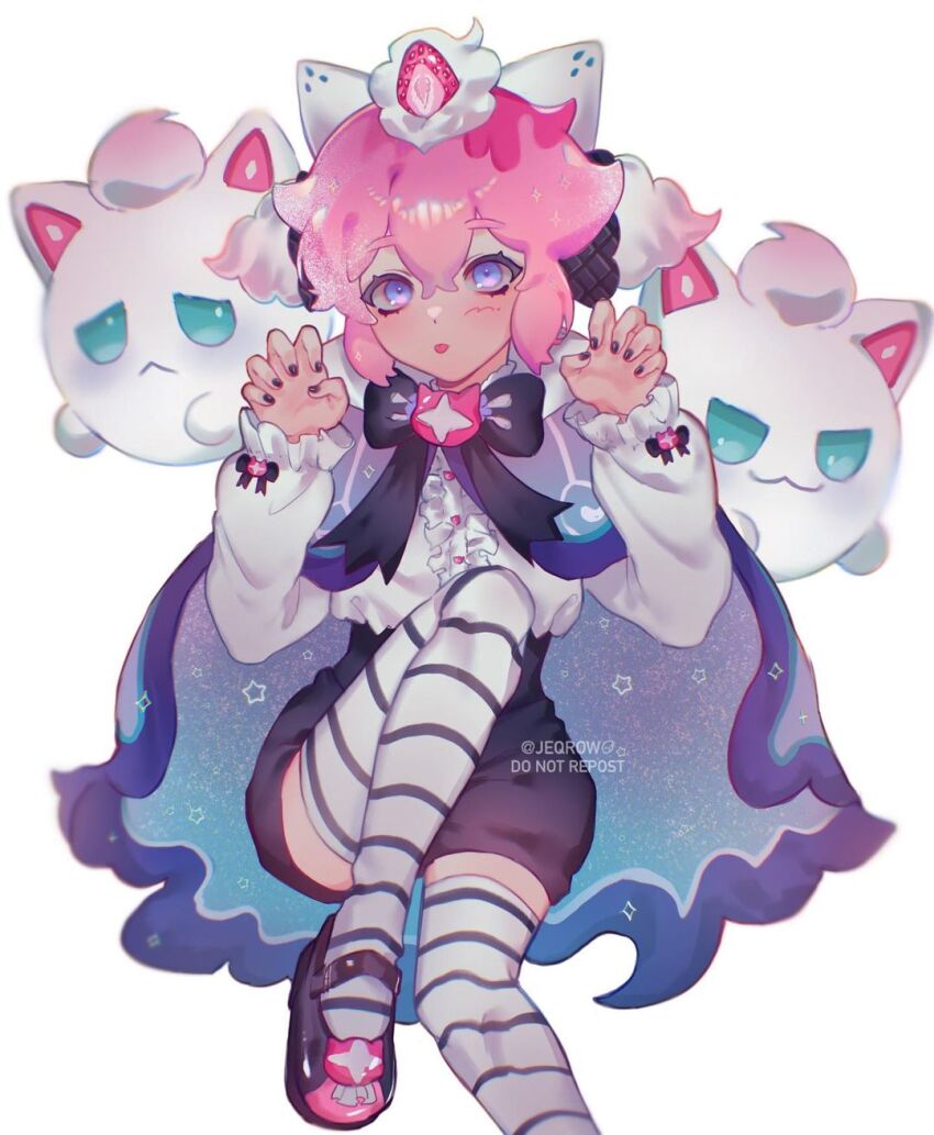 1other :p black_nails black_ribbon black_shoes blue_cape brooch buttons cape cat_brooch claw_pose closed_mouth collared_cape commentary cookie_run crossed_bangs double-parted_bangs english_commentary flipped_hair flipped_sidelocks food-themed_hair_ornament foot_out_of_frame frilled_sleeves frills ghost gradient_cape hair_between_eyes hair_ornament heart_button high-waist_shorts highres humanization invisible_chair jeqrow jewelry knee_up light_blush long_sleeves making-of_available mary_janes multicolored_shoes nail_polish neck_ribbon official_alternate_costume other_focus pigeon-toed pink_brooch pink_hair pink_shoes purple_cape purple_eyes raised_eyebrows ribbon shirt shirt_tucked_in shoes shorts simple_background sitting solo star_(symbol) star_print strawberry_crepe_cookie strawberry_crepe_cookie_(yogurt_phantom) strawberry_hair_ornament striped_clothes striped_thighhighs thighhighs tongue tongue_out two-sided_cape two-sided_fabric two-tone_cape whipped_cream white_background white_shirt white_thighhighs