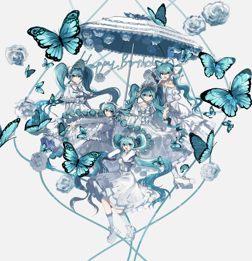 5girls :d :o absurdres animal_ears aqua_eyes aqua_hair bonnet bow bowtie braid bug butterfly danjou_sora drill_hair fake_animal_ears flower frilled_hairband frills hairband hatsune_miku highres insect multiple_girls open_mouth rose smile spaghetti_strap twin_braids twin_drills twintails umbrella umbrella_flower vocaloid white_bow white_bowtie white_flower white_rose