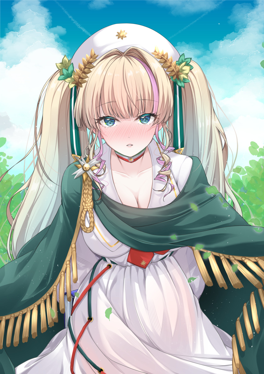 1girl absurdres aqua_eyes azur_lane blonde_hair blue_sky blush breasts cleavage cloud collarbone giosue_carducci_(azur_lane) hair_intakes highres large_breasts long_hair looking_at_viewer medal mikuchi3939 multicolored_hair outdoors parted_lips purple_hair sky solo streaked_hair twintails white_hair